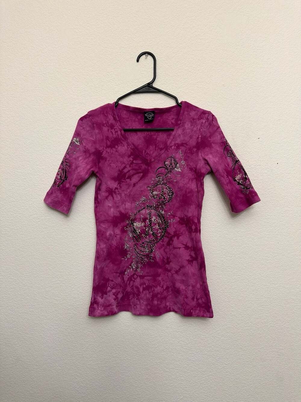 Y2K Purple Tie-Dye Peace Sign Ribbed Graphic Top Size Large